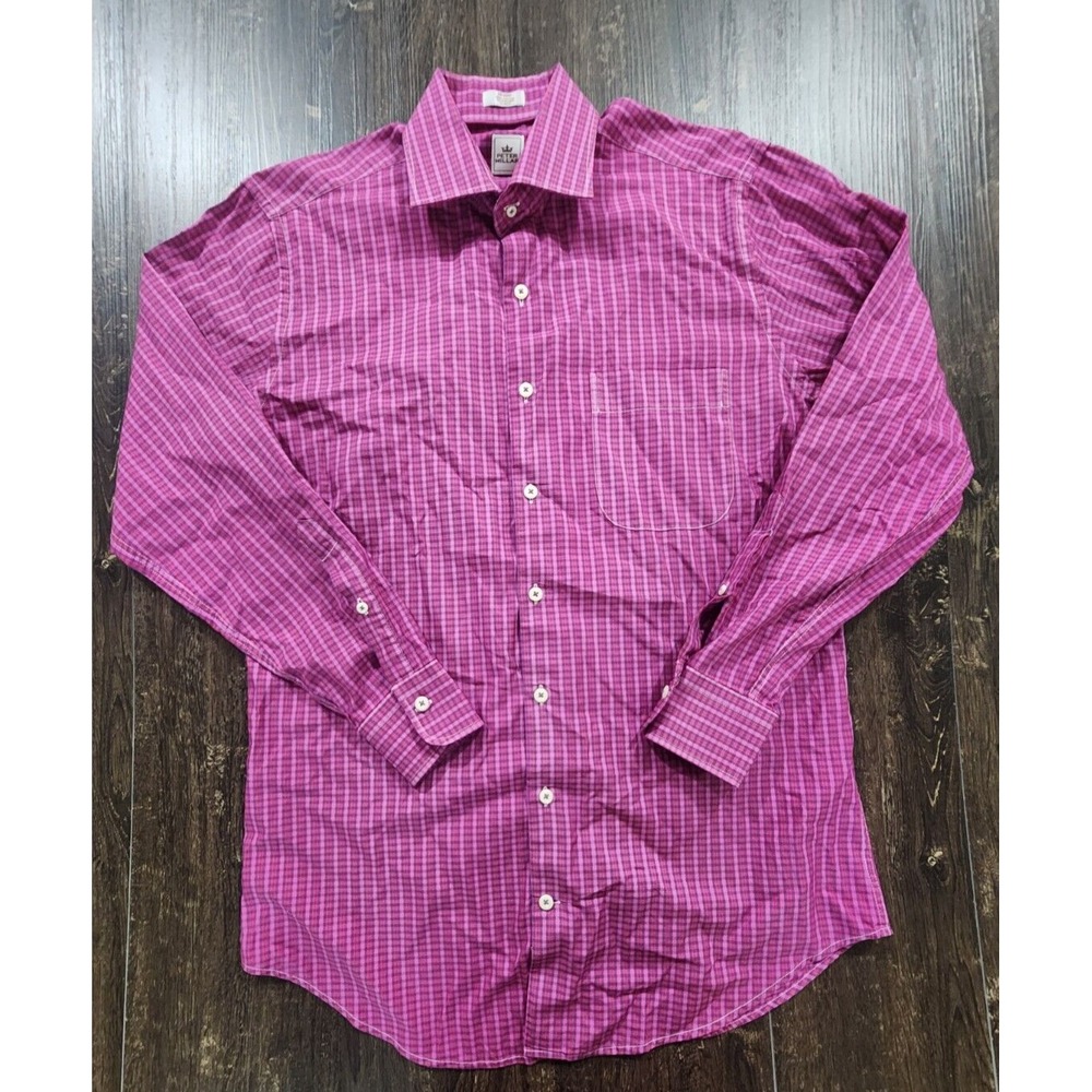 Peter Millar Shirt Mens‎ Medium Button Front Down Pink Checks Plaid Long Sleeve